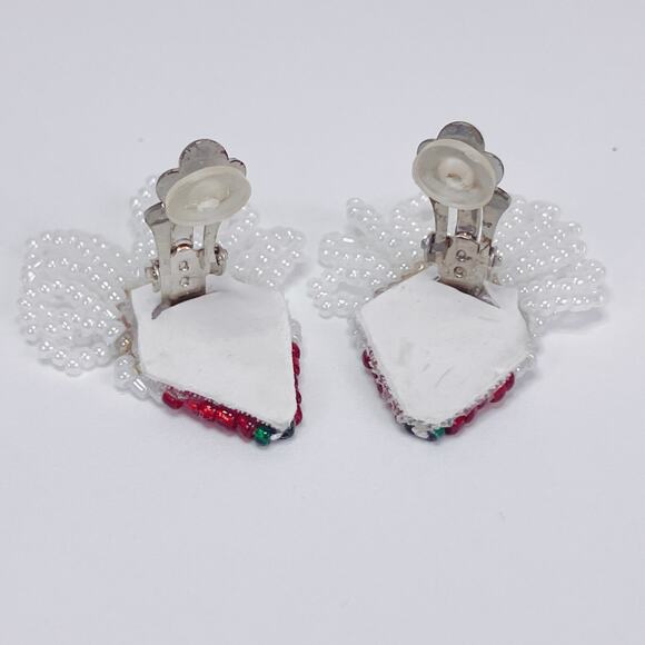 Vintage Beaded Santa Clip On Earrings Christmas Handmade Holiday Jolly Jewelry - Picture 9 of 10